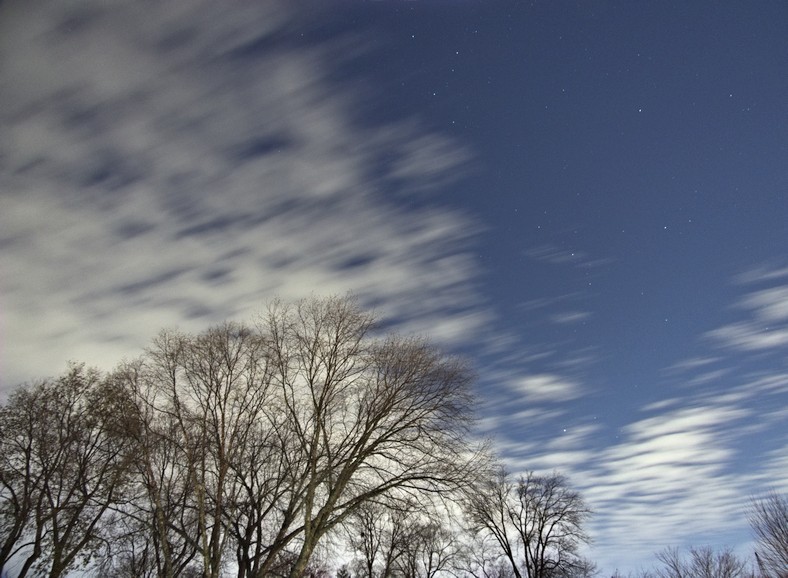 a long exposure photo of a cloudy, twilight-lit sky with trees